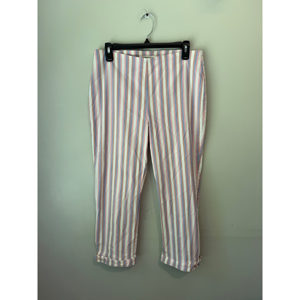 Cato Womens Pink Blue Striped Mid Rise Cropped Pants Size 10 Side Zip Snap Hem